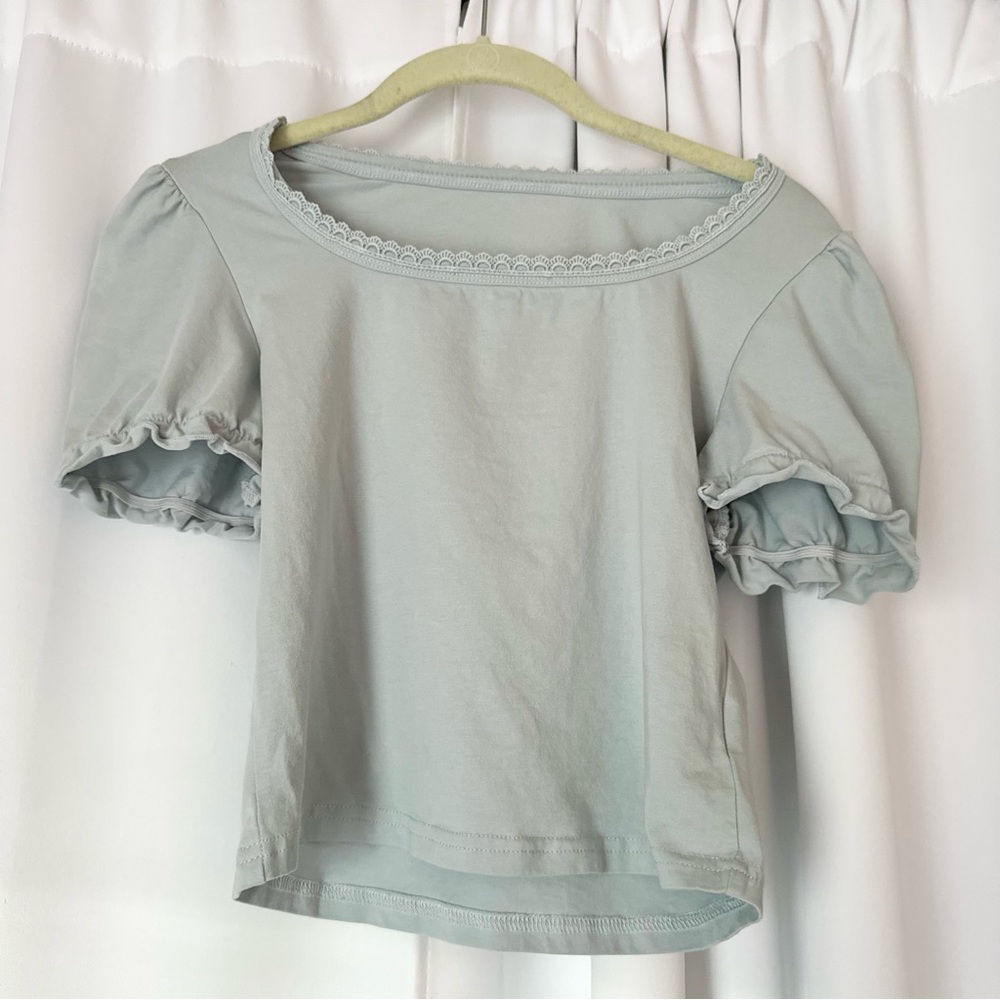 SHEIN Light Blue Puffy Sleeve Short Sleeve Cotton T-Shirt